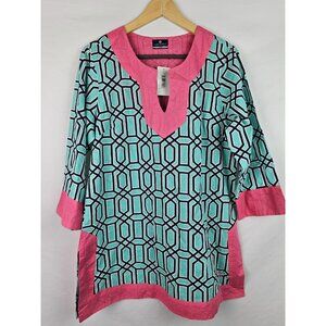 Simply Southern Women's Tunic Shirt Size Large Green Pink 3/4 Sleeve Baklava Top